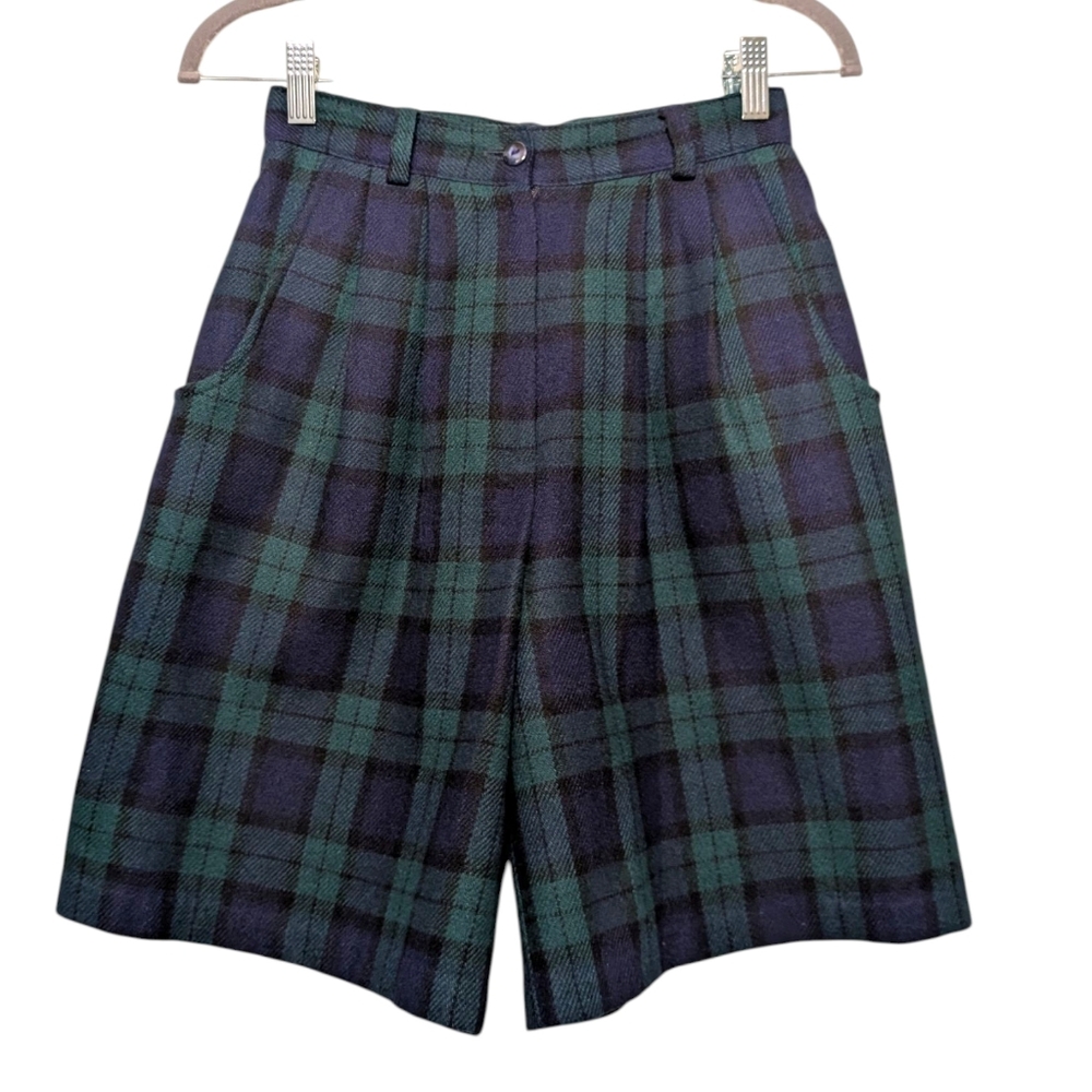 Vintage 90s Y2K Wool Plaid Bermuda Shorts | XS | 25" Waist | Green Blue Tartan